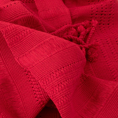 Chal de algodón - Mantón de algodón rojo con flecos