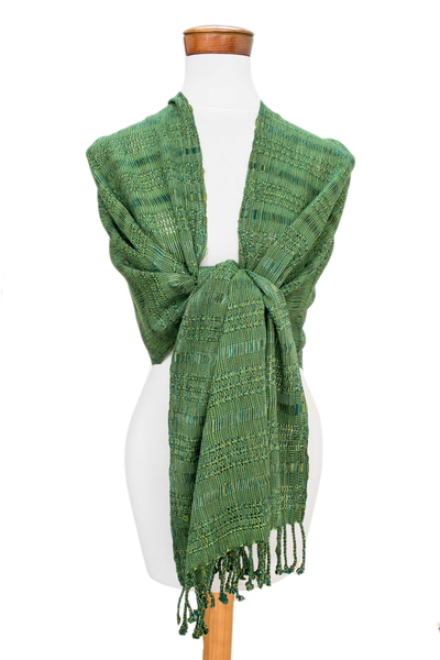 Cotton shawl, 'Green Spring' - Hand Woven Green Cotton Shawl
