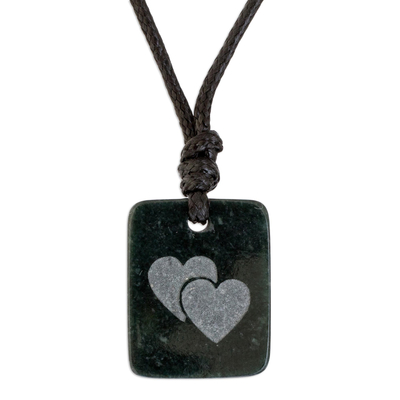 Jade pendant necklace, 'Close Hearts' - Hearts Pendant Necklace in Dark Green Jade from Guatemala