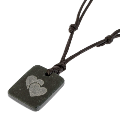 Jade pendant necklace, 'Close Hearts' - Hearts Pendant Necklace in Dark Green Jade from Guatemala