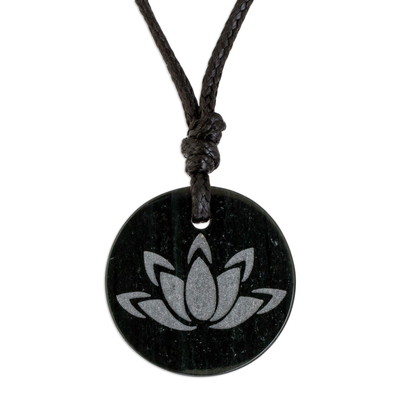 Jade pendant necklace, 'Revered Lotus' - Dark Green Jade Lotus Flower Pendant Necklace from Guatemala