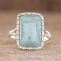 Square Cut Apple Green Jade Cocktail Ring from Guatemala,'Subtle in Apple Green'