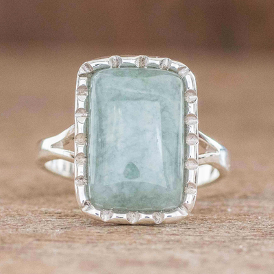 Jade cocktail ring, 'Subtle in Apple Green' - Square Cut Apple Green Jade Cocktail Ring from Guatemala