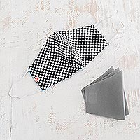 Cotton face mask with liners, 'Checkered Flag' - Black and White Checked Face Mask