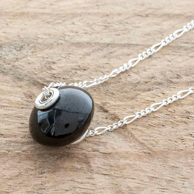 Jade pendant necklace, 'Fortune in Black' - Rounded Black Jade Pendant Necklace from Guatemala