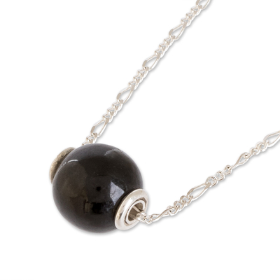 Jade pendant necklace, 'Revolutions in Black' - Black Jade Bead Pendant Necklace from Guatemala