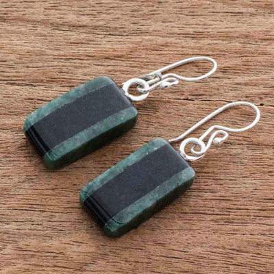 Jade dangle earrings, 'Black Forest Road' - Striped Dark Green and Black Jade Earrings from Guatemala