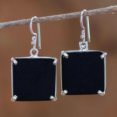 Jade dangle earrings, 'Black Abstractions' - Square Cut Black Jade and Silver Earrings from Guatemala