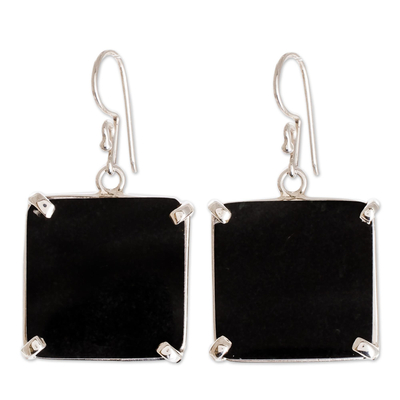 Jade dangle earrings, 'Black Abstractions' - Square Cut Black Jade and Silver Earrings from Guatemala