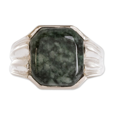 Men's jade ring, 'Prudence in Dark Green' - Men's Octagonal Dark Green Jade Band Ring from Guatemala