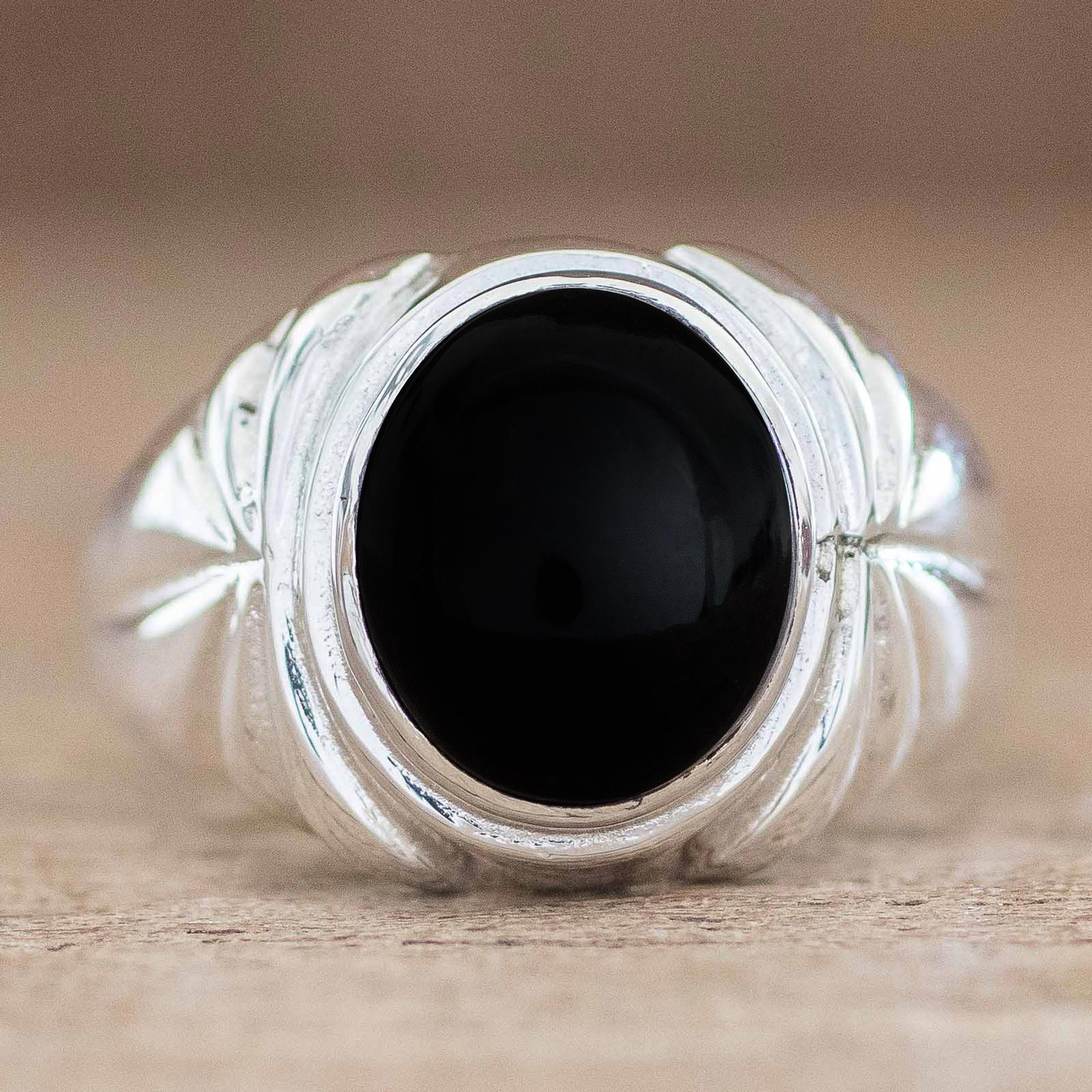 Men's Oval Bezel Black Jade Band Ring from Guatemala - Temperance in ...