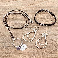 Fine silver and amethyst jewelry set, 'Tahual Treasure' (3 pieces) - Leather and Fine Silver Jewelry Set (3 Pieces)
