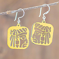 Reclaimed wood dangle earrings, 'Yellow Maya Mask' - Reclaimed Wood Mayan Face Earrings in Yellow from Mexico