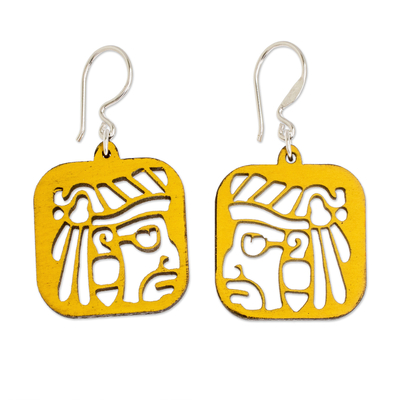 Ohrhänger aus recyceltem Holz - Gelbe Maya-Gesichtsohrringe aus recyceltem Holz aus Mexiko