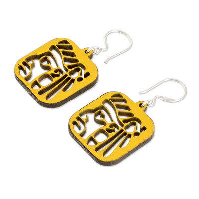 Reclaimed wood dangle earrings, 'Yellow Maya Mask' - Reclaimed Wood Mayan Face Earrings in Yellow from Mexico