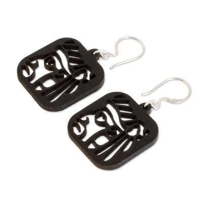 Reclaimed wood dangle earrings, 'Black Maya Mask' - Reclaimed Wood Mayan Face Earrings in Black from Mexico