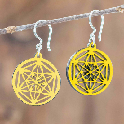 Reclaimed wood dangle earrings, 'Yellow Stellar Magic' - Reclaimed Wood Carved Star Earrings in Yellow from Mexico