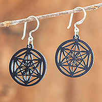 Reclaimed wood dangle earrings, 'Black Stellar Magic' - Reclaimed Wood Carved Star Earrings in Black from Mexico