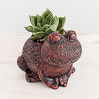 Ceramic planter, 'Happy Frog' - Rustic Ceramic Frog Shaped Planter from El Salvador