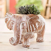 Ceramic planter, 'Rustic Elephant in Brown' - Hand Crafted Elephant Planter