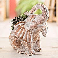 Ceramic planter, 'Trumpeting Elephant in Brown' - Brown Ceramic Elephant Planter