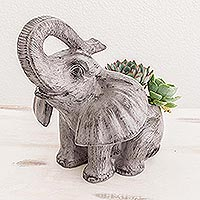 Ceramic planter, 'Trumpeting Elephant in Black' - Black Ceramic Elephant Planter