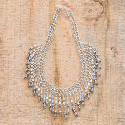 Beaded waterfall necklace, 'Symphony of colour in Grey' - Grey and Clear Beaded Waterfall Necklace