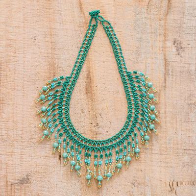Beaded waterfall necklace, 'Symphony of Color in Green' - Green Beaded Waterfall Necklace