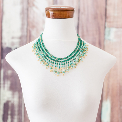 Beaded waterfall necklace, 'Symphony of Color in Green' - Green Beaded Waterfall Necklace
