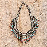 Beaded waterfall necklace, 'Symphony of Color in Bronze' - Beaded Statement Necklace in Bronze