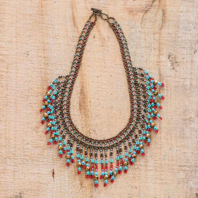 Beaded waterfall necklace, 'Symphony of Color in Bronze' - Beaded Statement Necklace in Bronze