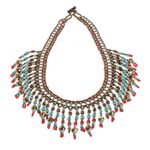 Beaded waterfall necklace, 'Symphony of Color in Bronze' - Beaded Statement Necklace in Bronze