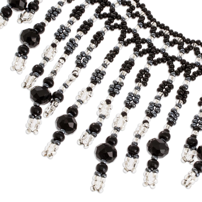 Beaded waterfall necklace, 'Symphony of colour in Black' - Black Beaded Waterfall Necklace