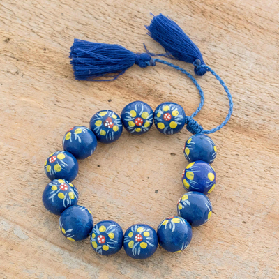Ceramic beaded bracelet, Flower Garden in Blue