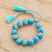 Ceramic beaded bracelet, 'Flower Garden in Turquoise' - Turquoise Flower Motif Bracelet
