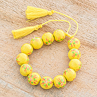 Ceramic beaded bracelet, 'Flower Garden in Yellow' - Floral Beaded Bracelet in Yellow