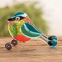 Art glass figurine, 'Rainbow Torogoz' - Art Glass Rainbow Bird Sculpture from El Salvador