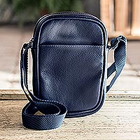 Leather sling bag, 'Conchagua Navy' - Black Leather Sling with Zippered Closure and Open Pocket