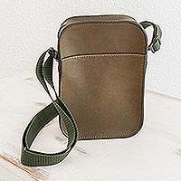 Unisex leather shoulder bag, 'Salvadoran Olive' - Green Unisex Shoulder Bag