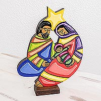 Wood figurine, 'Light and Hope' - Wood Nativity Sculpture with Star from El Salvador