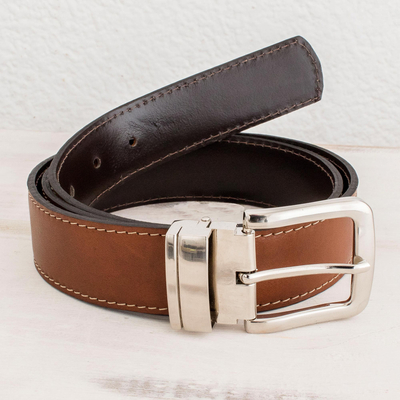 Mens reversible leather belt, Advocate in Warm Brown