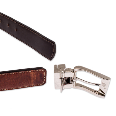 Men's reversible leather belt, 'Advocate in Redwood' - Reversible Leather Belt for Men