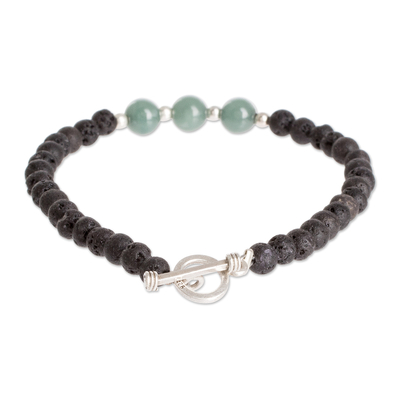 Jade and lava stone beaded bracelet, 'Ancient Source' - Lava Stone Bracelet with Jade Pendant