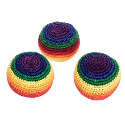 Cotton hacky sacks, 'Rainbow Stripes' (set of 3) - Striped Cotton Hacky Sacks (Set of 3)