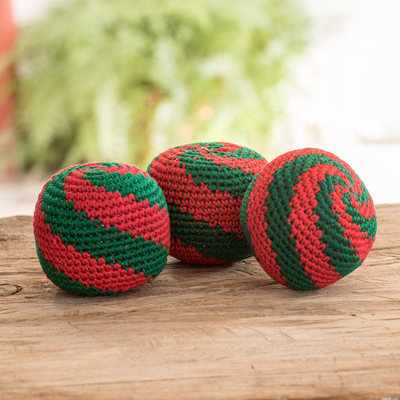 Hacky-Säcke aus Baumwolle, (3er-Set) - Set aus 3 handgefertigten Baumwoll-Hacky-Säcken in Smaragd und Rot