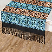 Cotton table runner, 'Peten Tradition' - Peach and Aqua Table Runner
