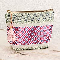 Cotton cosmetic bag, 'Flower Frieze' - Handloomed Cotton Cosmetic Bag