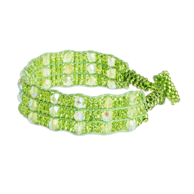 Beaded wristband bracelet, 'Kinship in Spring Green' - Hand-Beaded Lime Green Bracelet