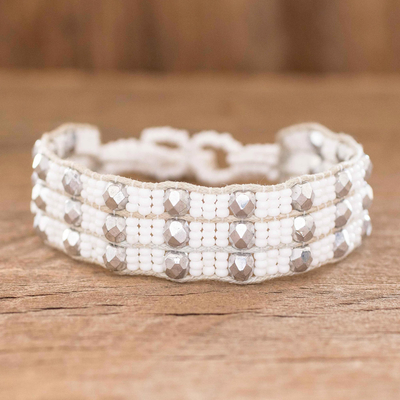 Beaded wristband bracelet, Kinship in White and Silver