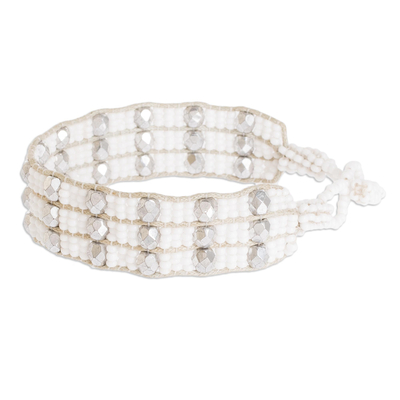 Beaded wristband bracelet, 'Kinship in White and Silver' - Handmade White Beaded Bracelet